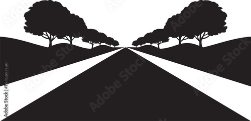 Black and white road with trees on both sides landscape