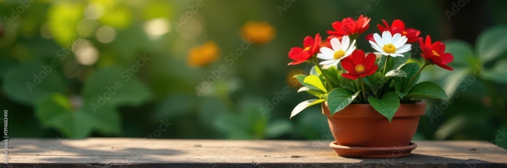 Obraz premium Red & white blooms in terracotta pot on rustic bench, bench, vibrant, home decor
