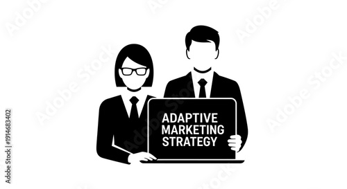Adaptive Marketing Strategy Business Icon - Professionals Holding Laptop with Flexible Plan. Black and White Vector Illustration.
