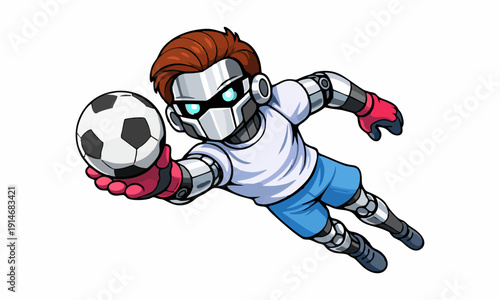 Robotic goalkeeper catching the ball cartoon illustration