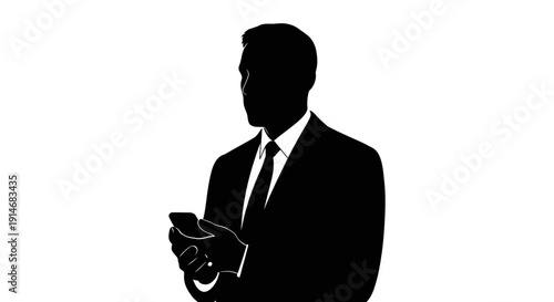 Black Silhouette of Businessman in Suit Using Smartphone. Anonymous Professional Vector Icon, Corporate Communication and Spy Concept.