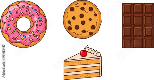 Assorted Sweet Treats Donut Cookie Cake Chocolate Bar.
