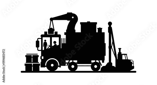 Heavy Industrial Truck Silhouette with Crane and Drilling Rig. Construction, Logistics, and Cargo Handling Machinery Icon Vector Illustration.