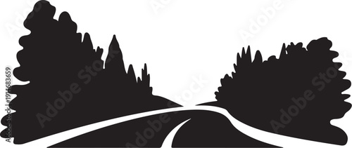 Black and white silhouette of winding road between trees and mountains