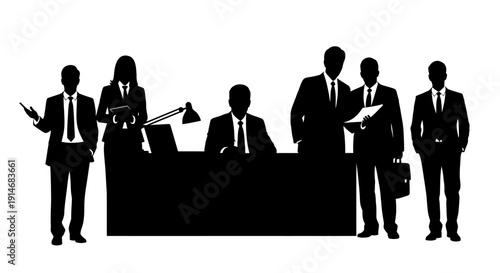Professional Corporate Business Team Meeting Silhouette Vector. Group of Executives and Staff Working Around an Office Desk.