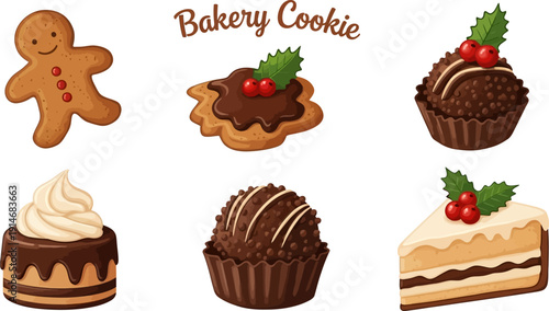 Assorted Christmas desserts and bakery cookies with festive decorations.