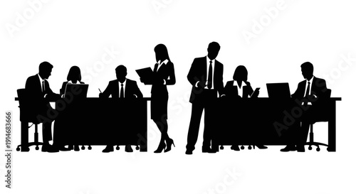 Business Team Meeting Silhouette. Corporate Professionals Working at Desks, Staff Collaboration, and Office Management Vector Illustration on White.