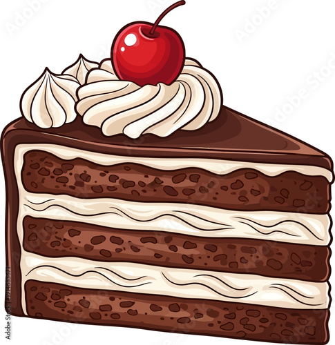 A delicious slice of chocolate cake with whipped cream and cherry.