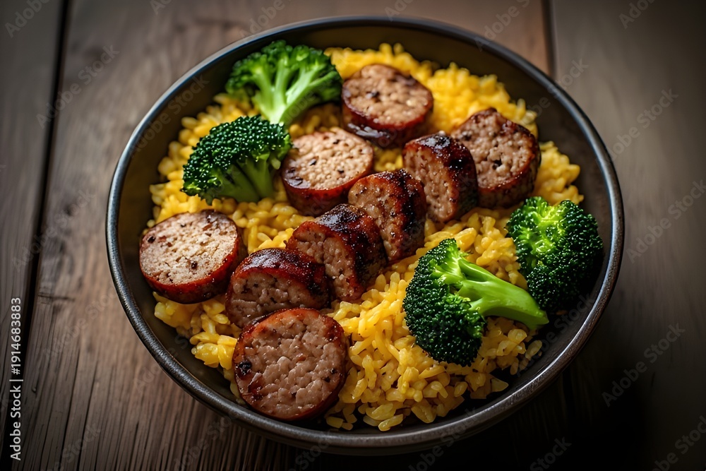 Fototapeta premium sausage and broccoli with cheddar rice in a bowl