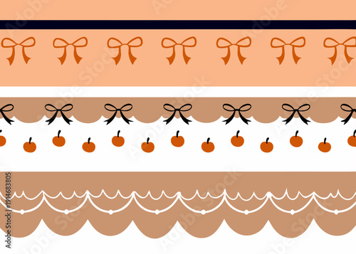 Four horizontal divider borders feature bows and round shapes in orange, brown, and black colors on an off-white background.