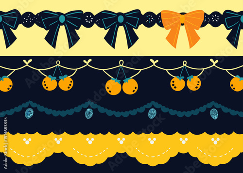 Four horizontal dividers feature bows, cherries, and scalloped edges in yellow, blue, and orange on a dark background.