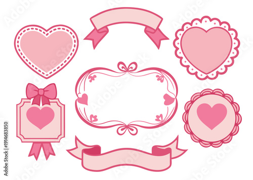 Seven pink heart frames, oval frames, and banners feature ribbon and bow accents on a white background.