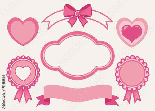 Seven pink hearts, a cloud frame, circular labels, and banners include ribbon and bow accents.