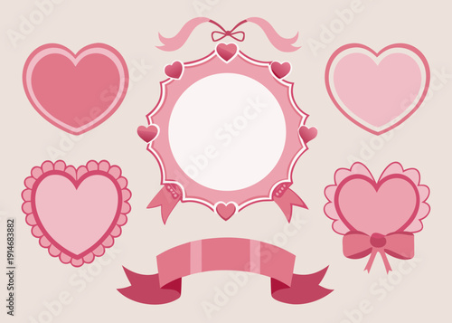 Six pink heart shapes, an ornate circular frame, and banners display ribbons and bows.