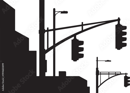 Black and white traffic light and street lamp silhouettes on city background