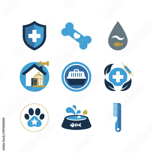 A grid of nine flat design icons representing various aspects of pet care, including veterinary services, grooming, food, housing, and transportation.