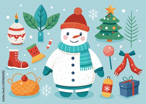 A watercolor cartoon snowman in a red hat and blue scarf surrounded by a Christmas tree, winter boots, a present, and snowflakes.