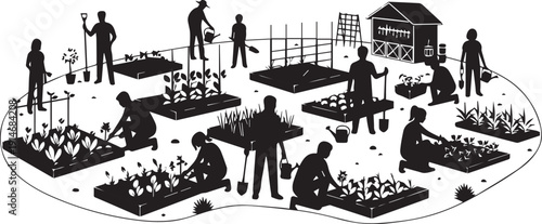 Community garden silhouette illustration, people planting and watering, healthy organic plants vector