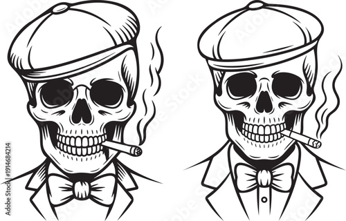 Monochrome vector illustration of two smoking gangster skulls wearing flat caps, bow ties, and suits, isolated on transparent background.