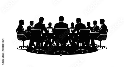 High contrast silhouette of business people meeting around a conference table. Corporate boardroom discussion, executive team strategy session. Vector art.