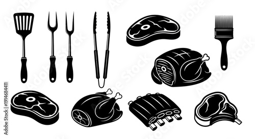 Black and white illustrations of various meat cuts and grilling utensils.