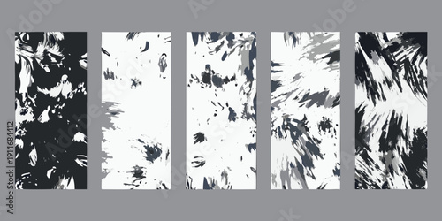 Abstract black and white brushstroke patterns arranged in vertical panels