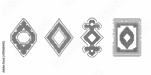 Four geometric shapes composed of small dots in a linear arrangement