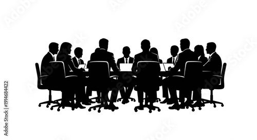 Business Meeting Silhouette Vector Illustration. Professional People Discussing Corporate Strategy Around Conference Table.