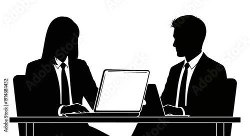 Black and White Business Silhouette of Colleagues Working on Laptops at Desk. Professional Collaboration Vector Icon.