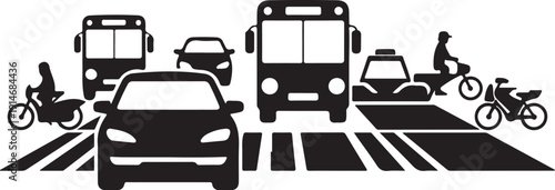 Black and white vehicles and motorcycles at a crosswalk