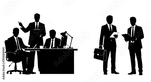Business Silhouettes Vector Set: Corporate Meeting, Office Presentation, and Professional Colleagues. Isolated Icons for Teamwork and Management.