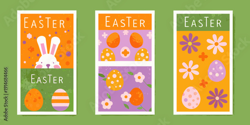 Three colorful easter banners with rabbits eggs flowers and festive patterns