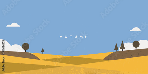 Minimalist autumn landscape with rolling hills and stylized trees