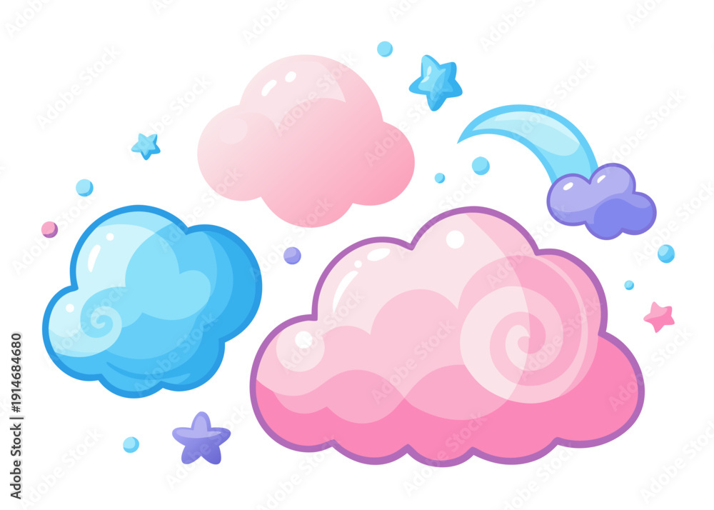 Obraz premium A whimsical watercolor collection featuring pink and blue clouds with stars and a small rainbow, designed as decorative sky elements.