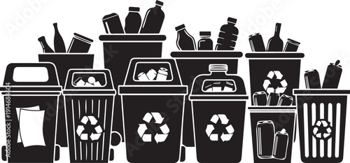 Recycling bins silhouette illustration, trash cans with recycle symbol, waste management vector