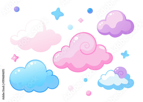 A charming watercolor set showcasing diverse pink, blue, and purple clouds, complemented by twinkling stars and colorful bubbles.