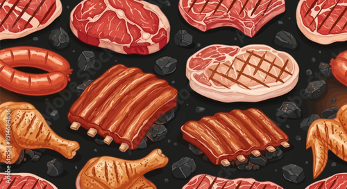 Assorted grilled meats on barbecue coals.