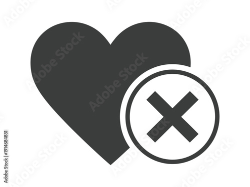Dark gray heart icon with a white circle containing a cross symbol, representing dislike or removal