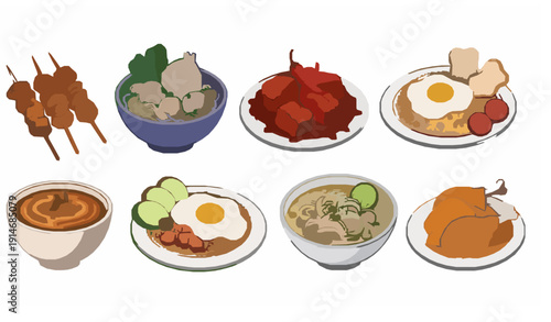 Indonesian Food Cartoon Vector Set Satay Bakso Rendang Nasi Goreng Soto Ayam Ayam Goreng Isolated