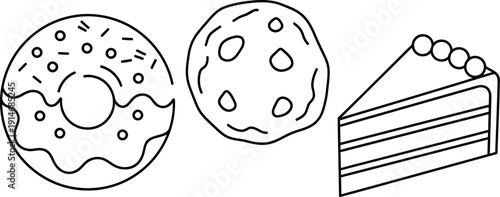 Black and white line art illustration of sweet treats.