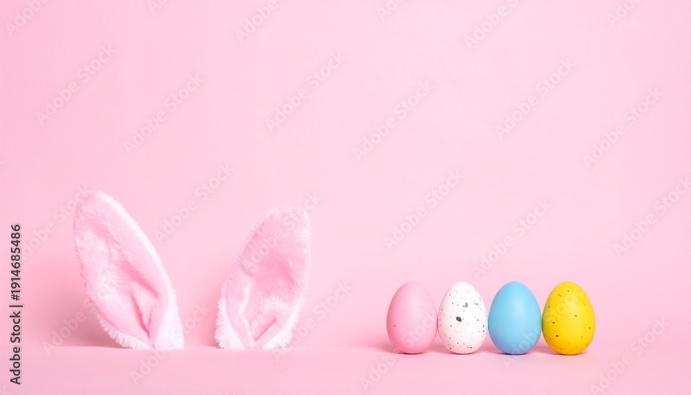 Fototapeta premium Pink background with bunny ears and colorful Easter eggs