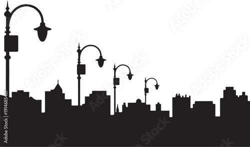 Black silhouette of city skyline with street lamps
