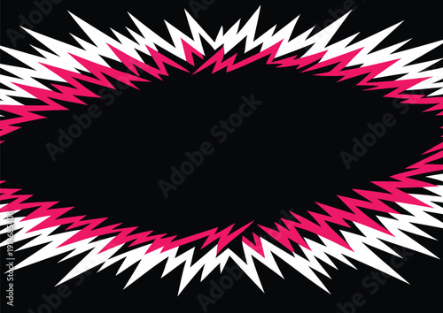 Lightning burst frame with copy space, pink and white spikes on black background
Electric pink and white lightning frame on black background
Jagged starburst border with copy space in punk style