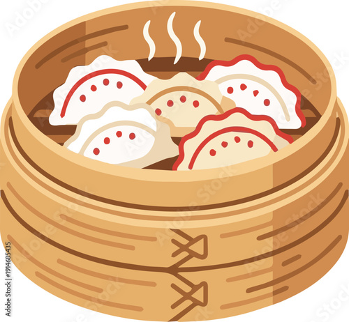 Steaming Chinese Dumplings in Bamboo Basket Illustration