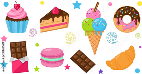 Colorful cartoon desserts and sweets with stars on white background.