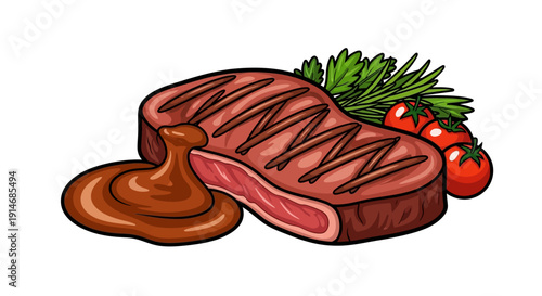 Grilled Steak with Sauce and Garnish.