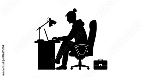 Black Silhouette Vector of a Woman Working on a Laptop at an Office Desk. Freelancer or Student Using Computer for Remote Work.