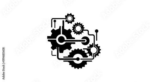 Abstract Interconnected Gear Mechanism Icon. Black Vector Graphic Symbolizing Complex System, Automation, Engineering, and Workflow Process.