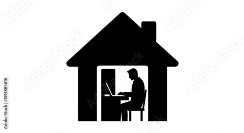 Remote Work Icon: Man Silhouette Working on Laptop Inside House Outline. Home Office, Telecommuting, Flexibility Concept Vector Graphic.