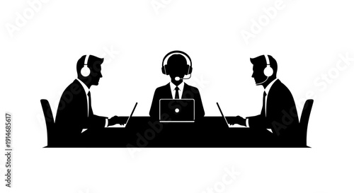 Call Center Team Silhouettes. Customer Service and Technical Support Agents Working on Laptops with Headsets.